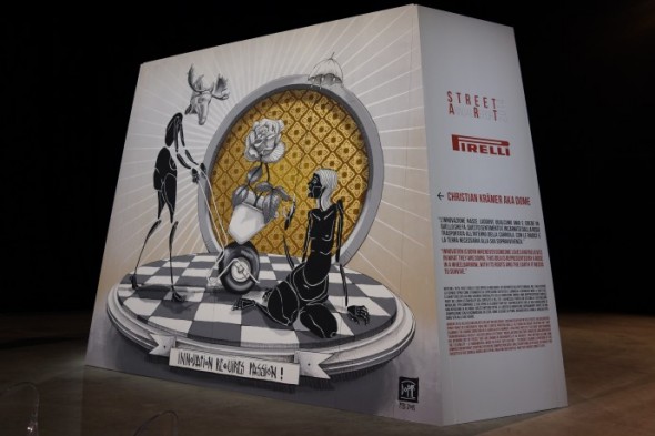 L’opera finale realizzata dallo street-artist Dome per la rassegna dedicata al Pirelli Annual Report 2014