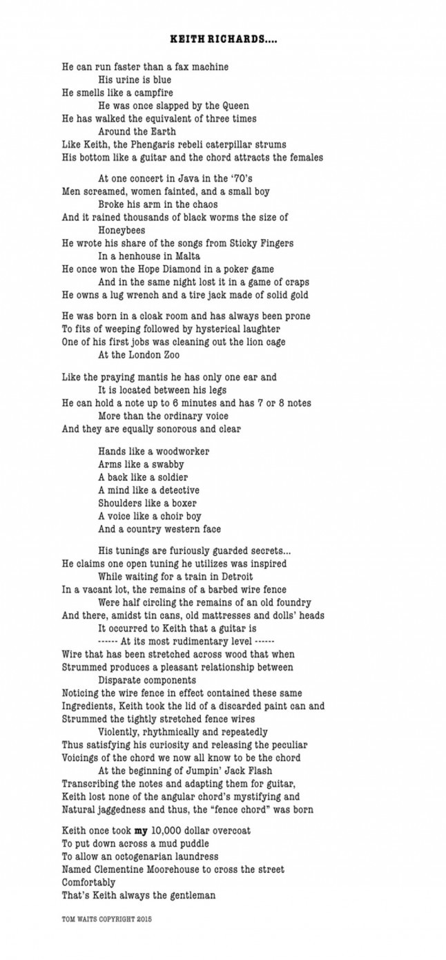 Il poema che Tom Waits ha scritto per Keith Richards