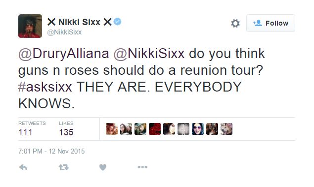 Il tweet di Nikki Sixx sulla reunion dei Guns