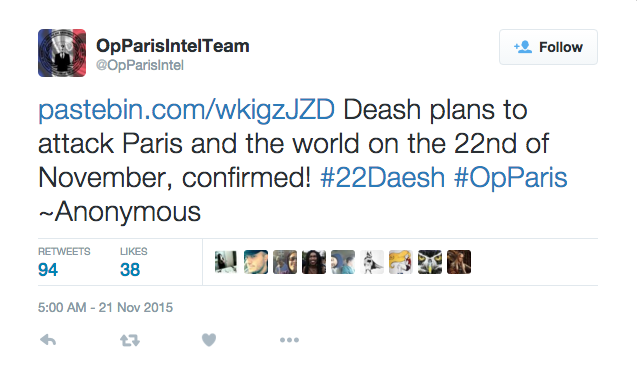 Il tweet del presunto sottogruppo di Anonymous che annuncia degli attentati dell'ISIS per il 22 novembre