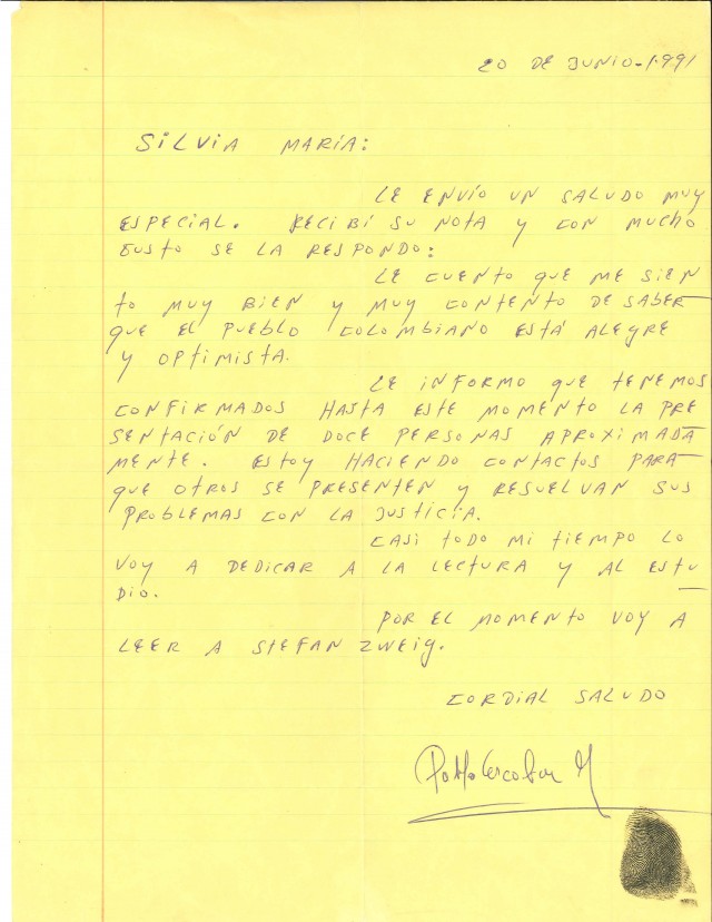 Una delle lettere inviate da Escobar alla giornalista Silvia Hoyas