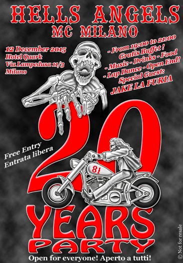 Hells Angels Motorcycle club festeggia i suoi primi 20 anni a Milano, Il 12 Dicembre presso l’Atahotel Quark 