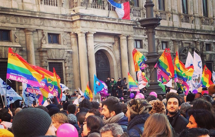 Foto dalla manifestazione del 23 gennaio 2016 di Milano a favore delle unioni civili per le coppie dello stesso sesso. Foto di Michele Bisceglia