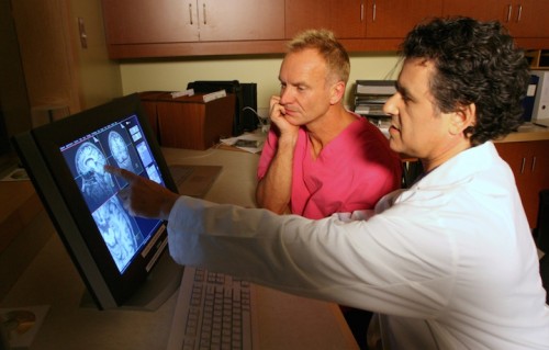 Sting e il Professor Levitin davanti alle scansioni dell'attività celebrale del cantante, foto Owen Egan/McGill University