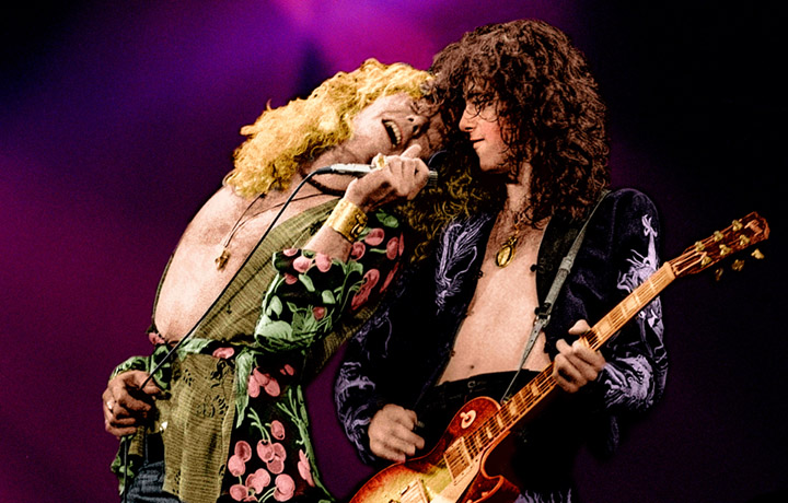 Robert Plant e Jimmy Page, Earls Court Arena, Londra maggio 1975. Foto Adrian Boot
