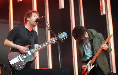 LONDON - JUNE 24: Thom Yorke and Jonny Greenwood of Radiohead perform during their first night at Victoria Park, in support of the album 'In Rainbows', on June 24, 2008 in London, England. (Photo by Jim Dyson/Getty Images)