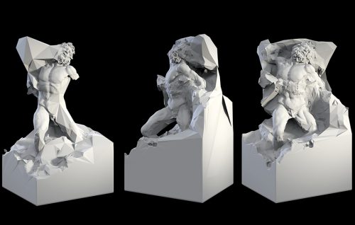 Laocoon #D20-q1, opera scultorea di Quayola (romano, 1981), ispirata a Laocoonte e i suoi figli, scultura del 200a.C., e realizzata grazie a una macchina robotica che incide il materiale attraverso informazioni e raccolta di dati (fino all'8/1 al Palazzo delle Esposizioni di Roma)