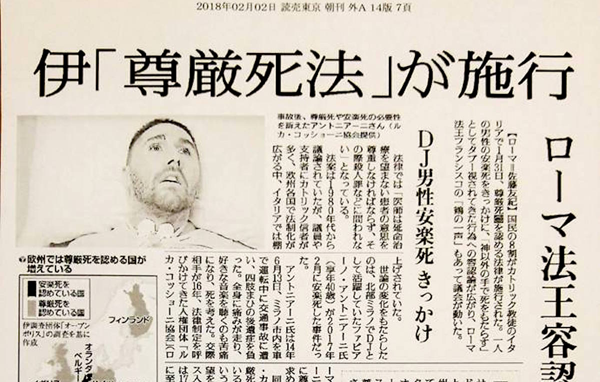 La lotta di DJ Fabo in prima pagina in Giappone