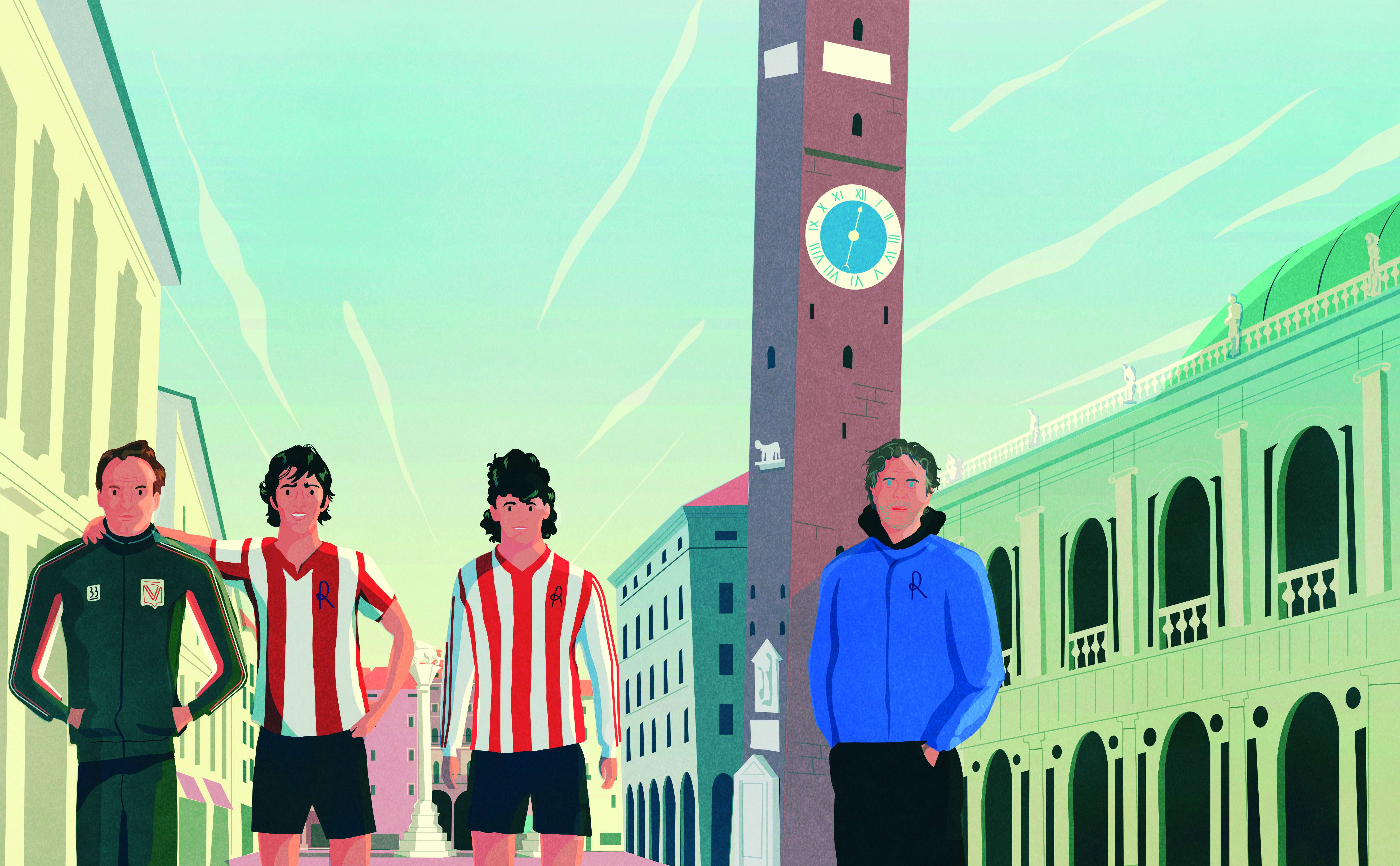 Da sinistra: mister Francesco Guidolin, Paolo Rossi, Roberto Baggio e Renzo Rosso in piazza della Signoria nell'illustrazione di Germano Poloni