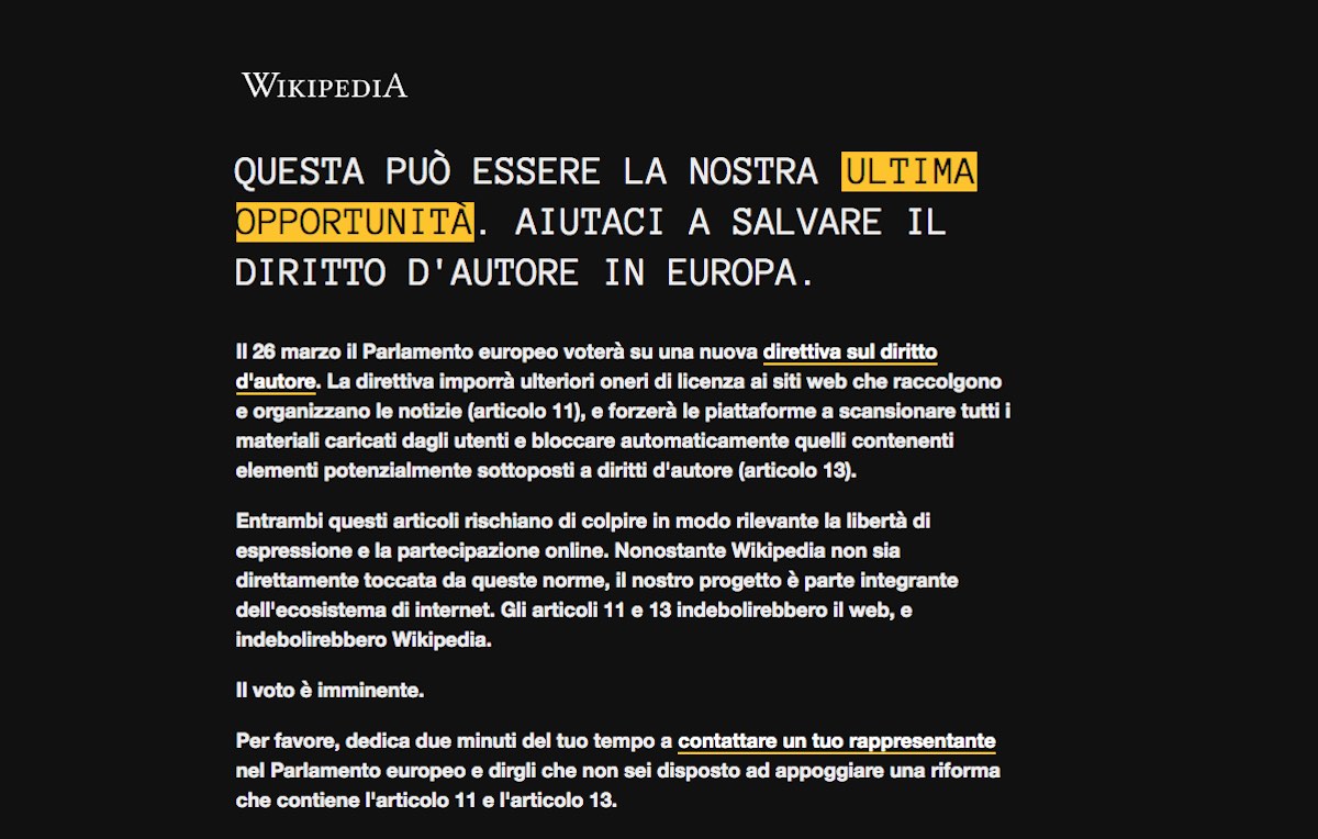 Wikipedia oscurata contro la riforma europea del copyright