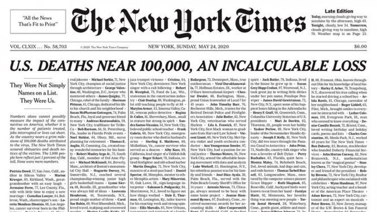 New York Times, in prima pagina i nomi delle vittime del coronavirus
