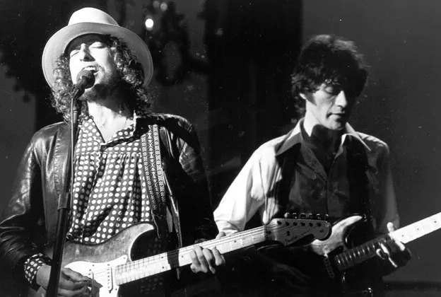 Bob Dylan and Robbie Roberston. Foto: Larry Hulst/Michael Ochs Archives/Getty Images